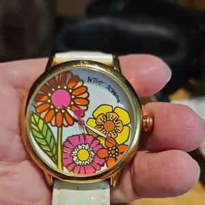 Betsey Johnson Gold-Tone Floral Dial Watch with White Strap